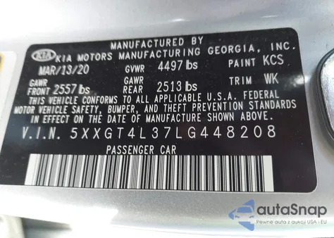 2020 Kia Optima Lx z USA, uszkodzony, nr VIN 5XXGT4L37LG448208